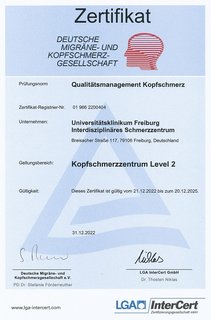 Zertifikat 'Kopfschmerzzentrum Level 2 der DMKG'