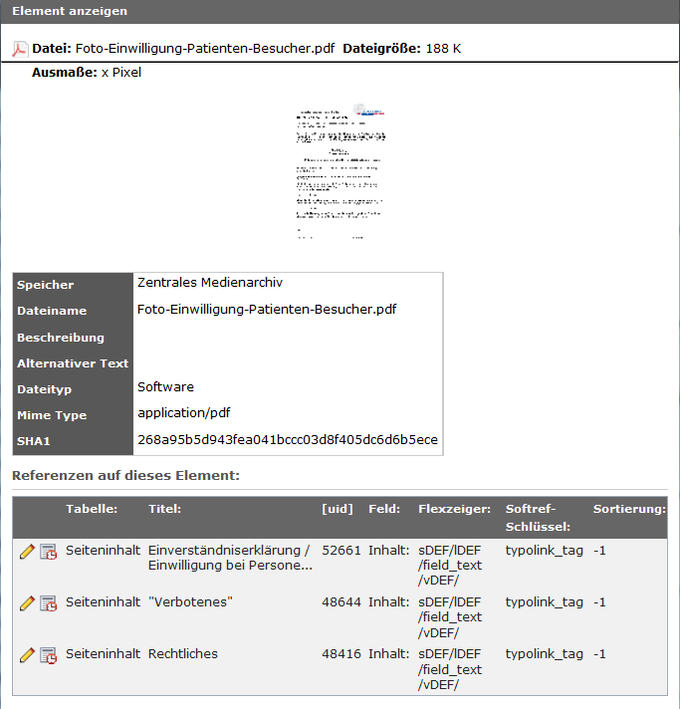 DATEI | Dateiliste | Dokument | Element anzeigen