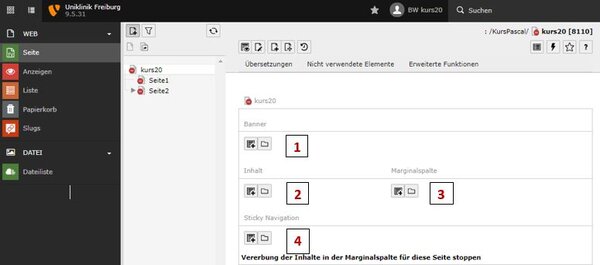 Inhaltsbereiche für die Inhaltselemente Backend